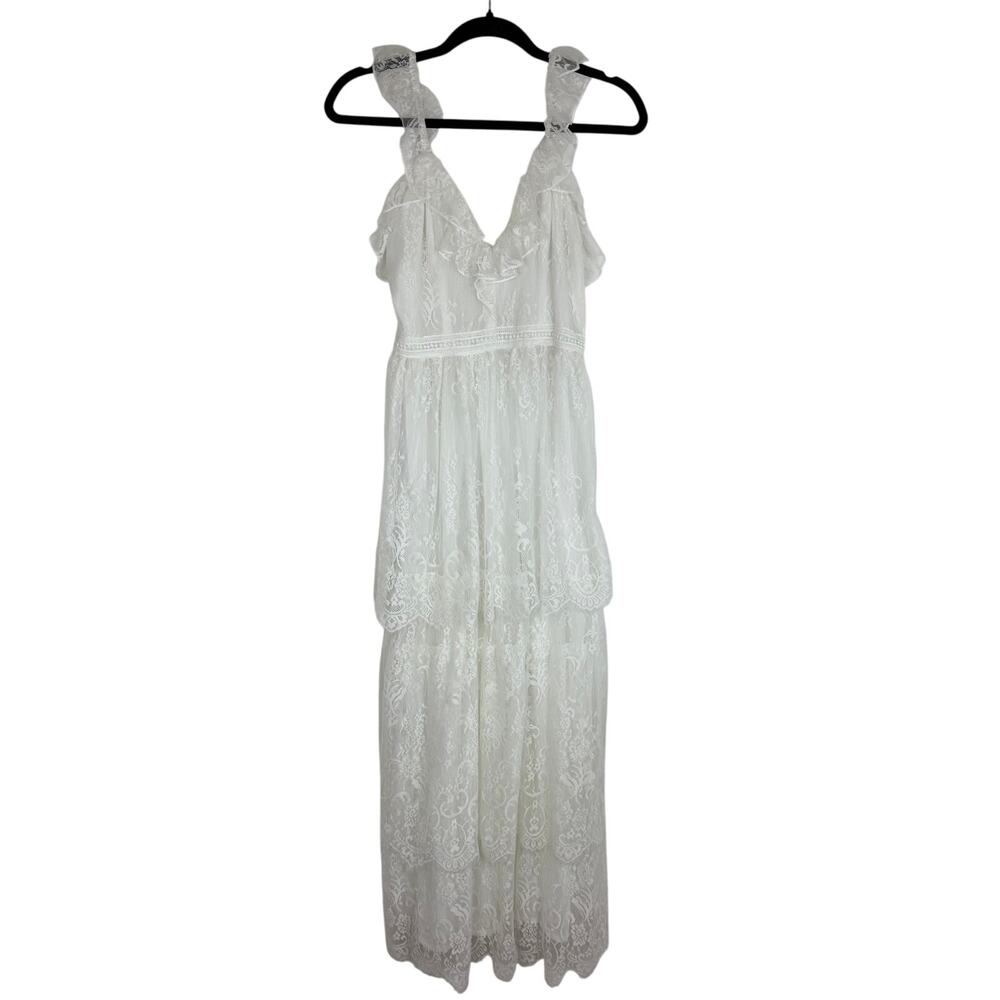 Tobi Womens Ruffle Floral Lace Overlay V-Neck Sleeveless White Maxi Dress Small